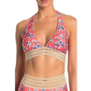 Nicole Miller Coral Pink Floral  Halter Bikini Top with Mesh Metallic Band Large